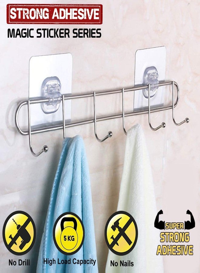 Xacton Stainless Steel Hook Hanger I Multi-Functional Self-Adhesive No Drilling Wall Mounted Rod with 6 Hooks & Magic Sticker I Utensil Hanging Rack I for Cloth Kitchen Bathroom Accessories Items - Image 5
